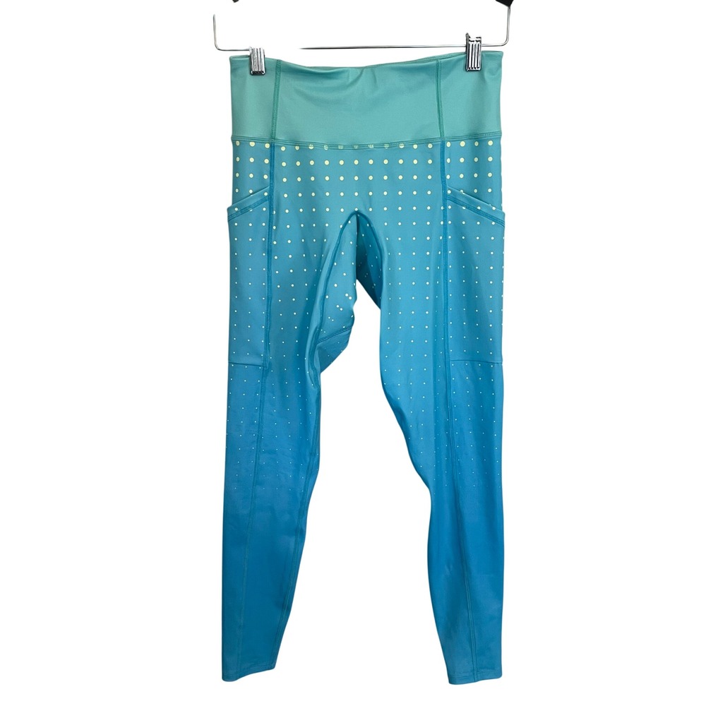 Coeur Sports Blue Teal Ombre Polka Dot Performance Running Leggings Pockets MD